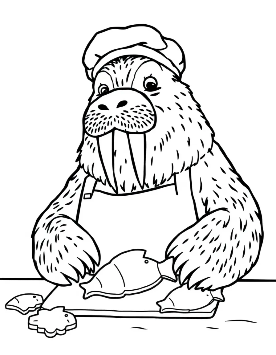 A walrus baker making fish-shaped cookies