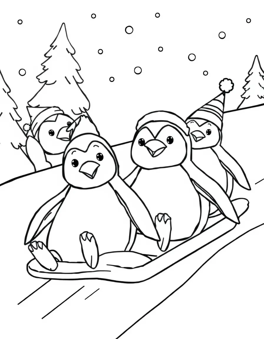 A group of penguins having a sledding party down a snowy hill