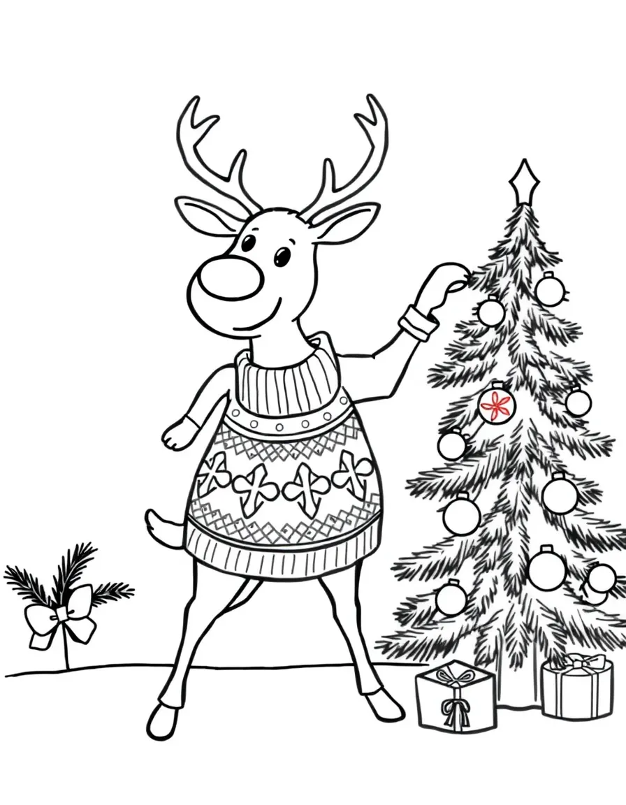 A reindeer in a holiday sweater decorating a pine tree
