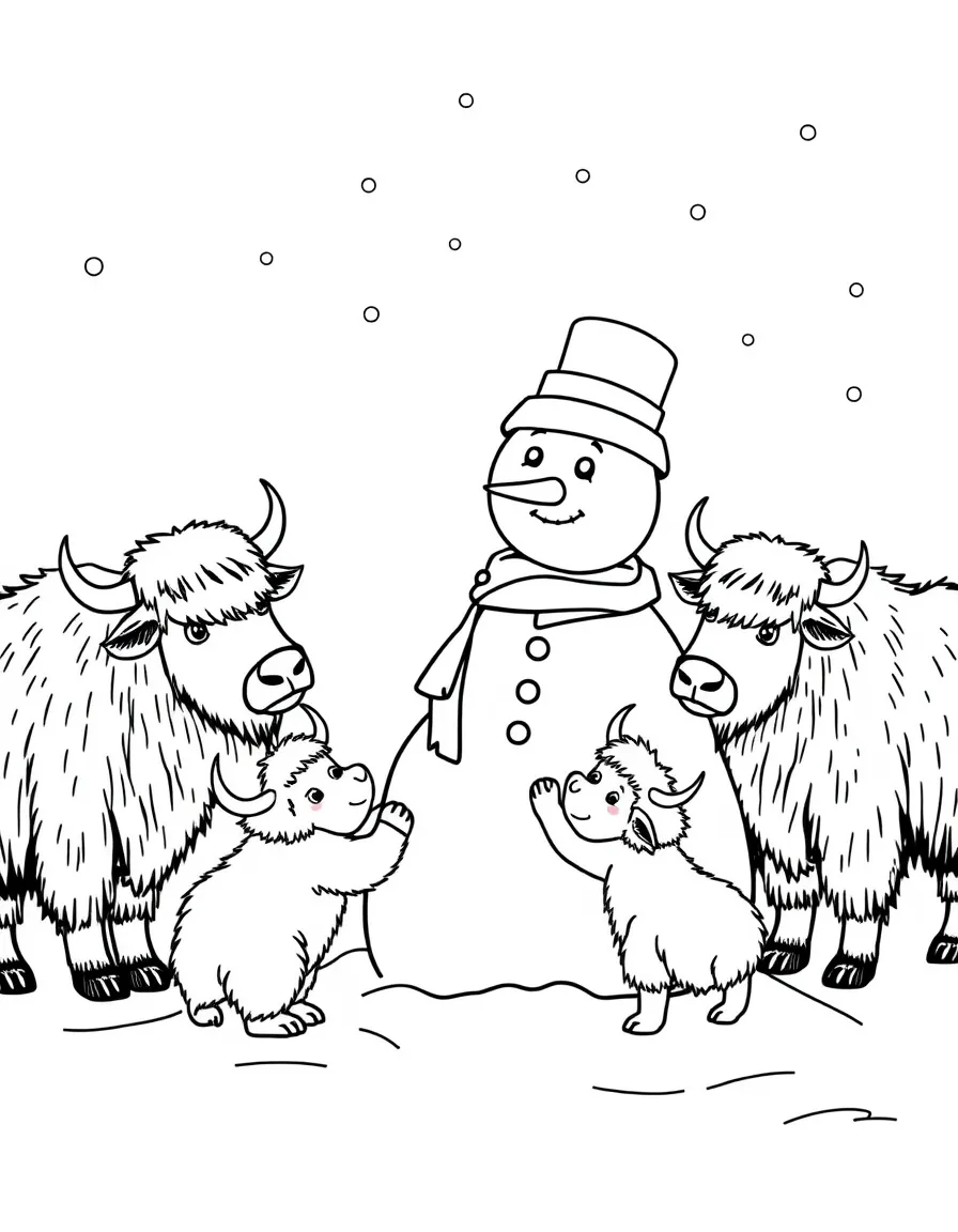 A family of musk oxen building a snowman together