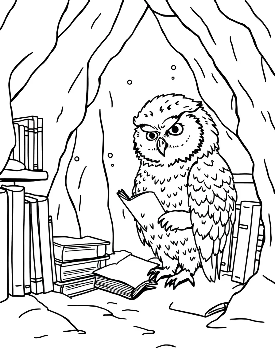 A snowy owl librarian organizing books in an ice cave