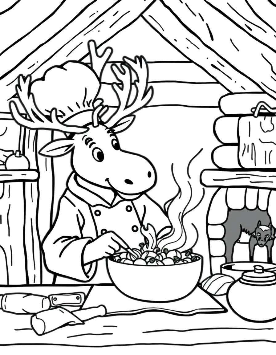 A caribou chef preparing a veggie stew in a cozy cabin