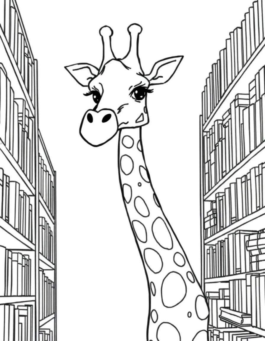 A giraffe librarian arranging books on high shelves