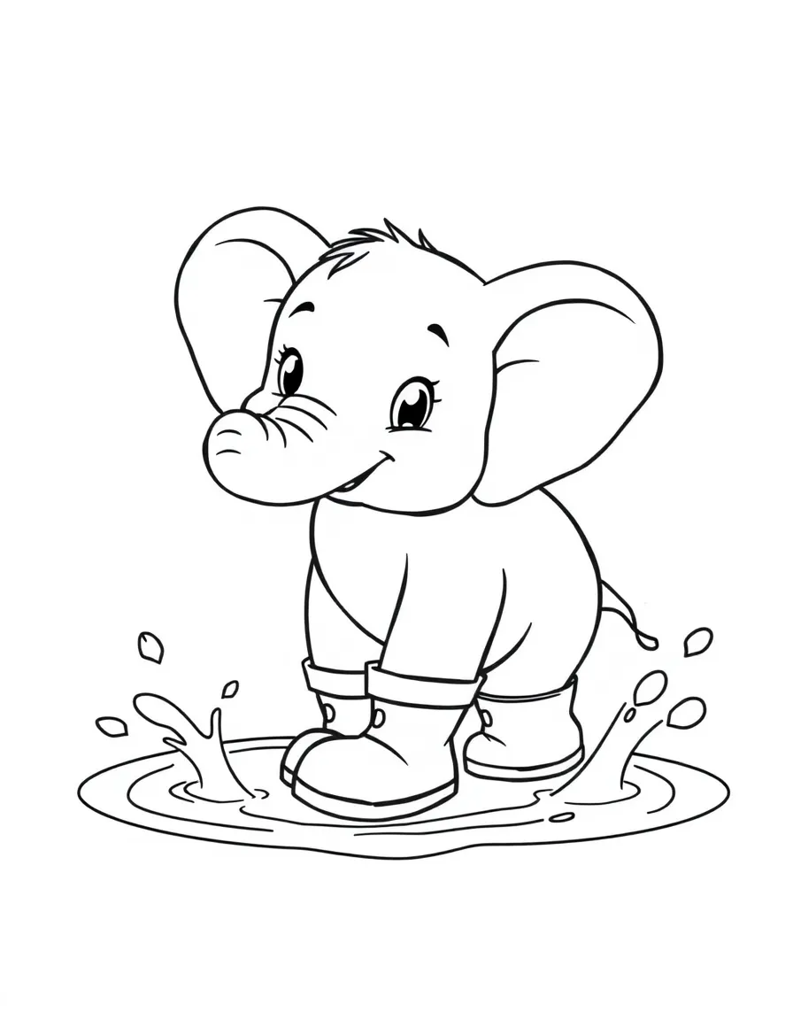 A baby elephant splashing in a puddle wearing rain boots