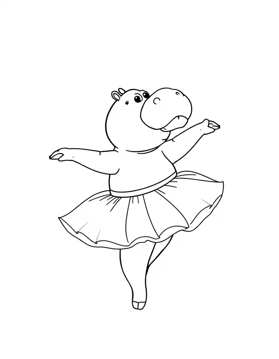 A hippo ballerina practicing twirls in a tutu
