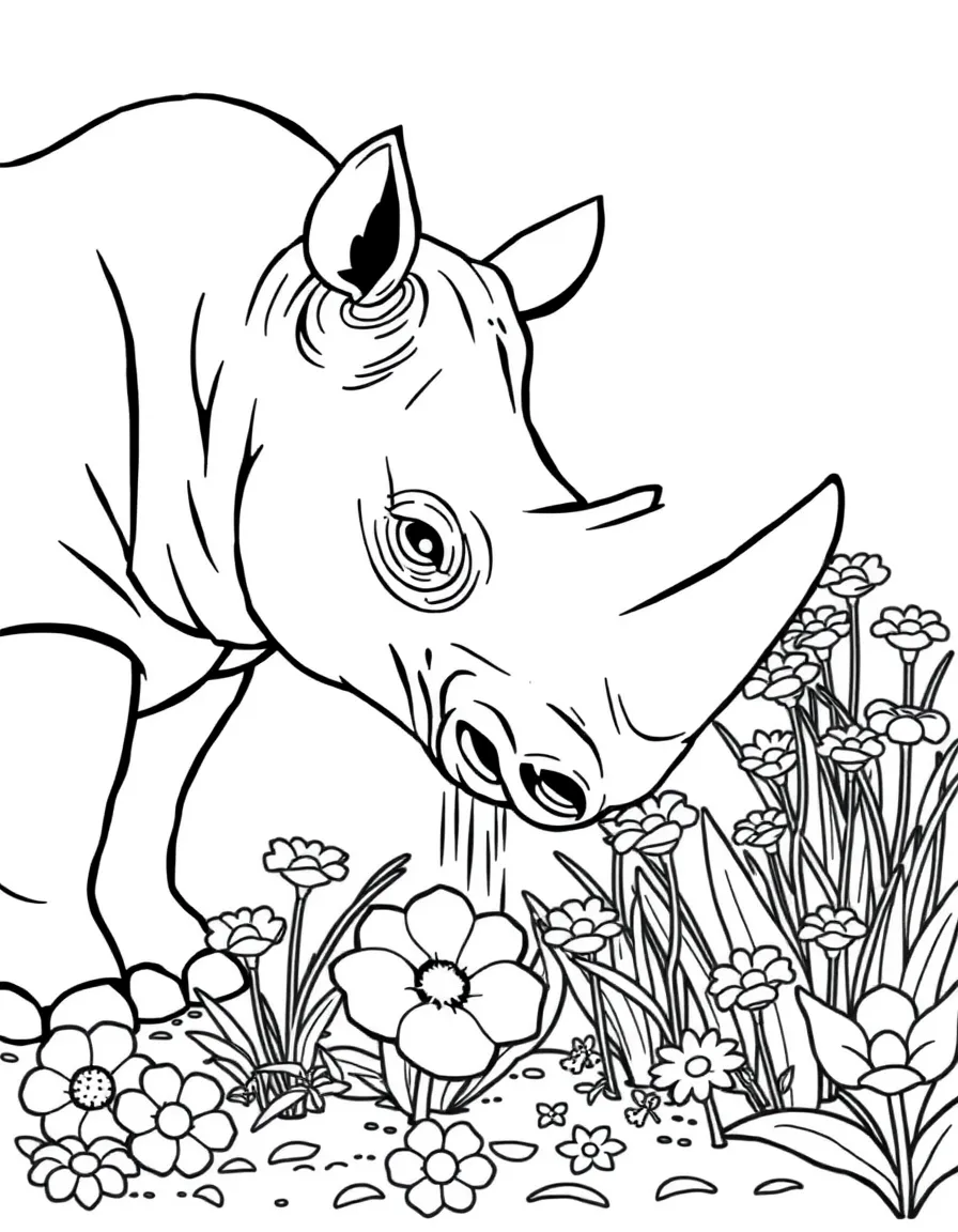 A rhino gardener carefully watering delicate flowers