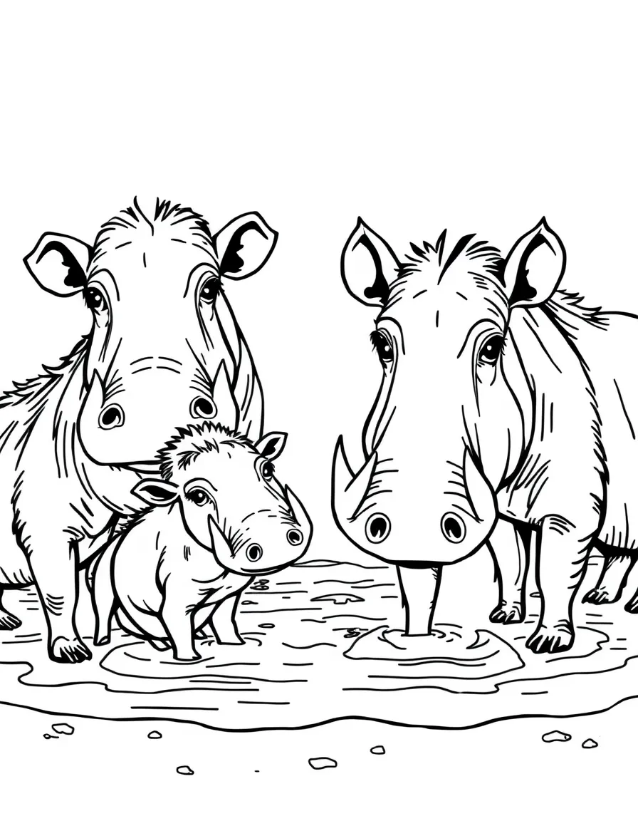 A family of warthogs having a mud bath spa day