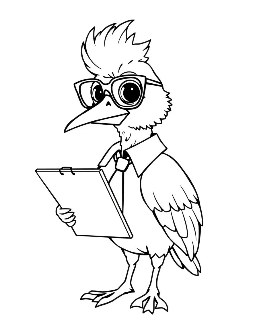 A secretary bird office assistant with glasses and clipboard