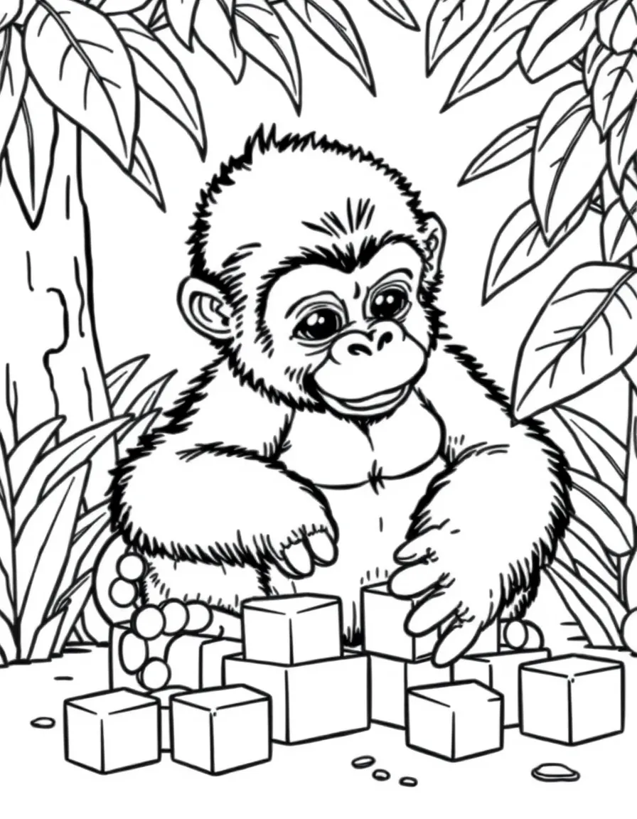 A baby gorilla playing with building blocks in a jungle nursery