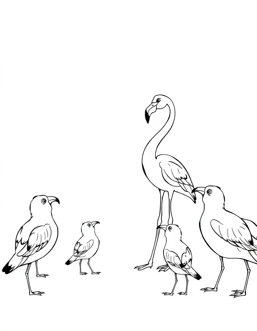 A flamingo ballet teacher leading a class of bird students
