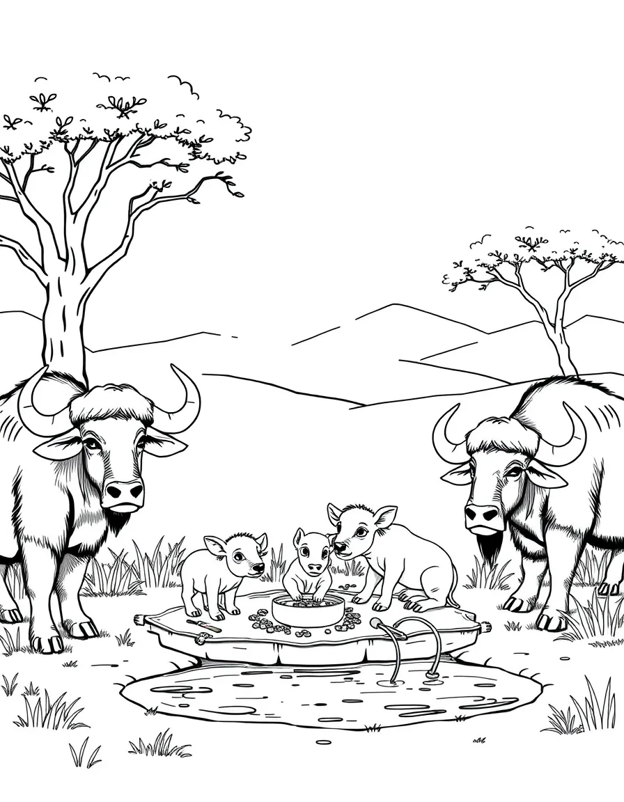 A family of buffalo enjoying a picnic by a watering hole