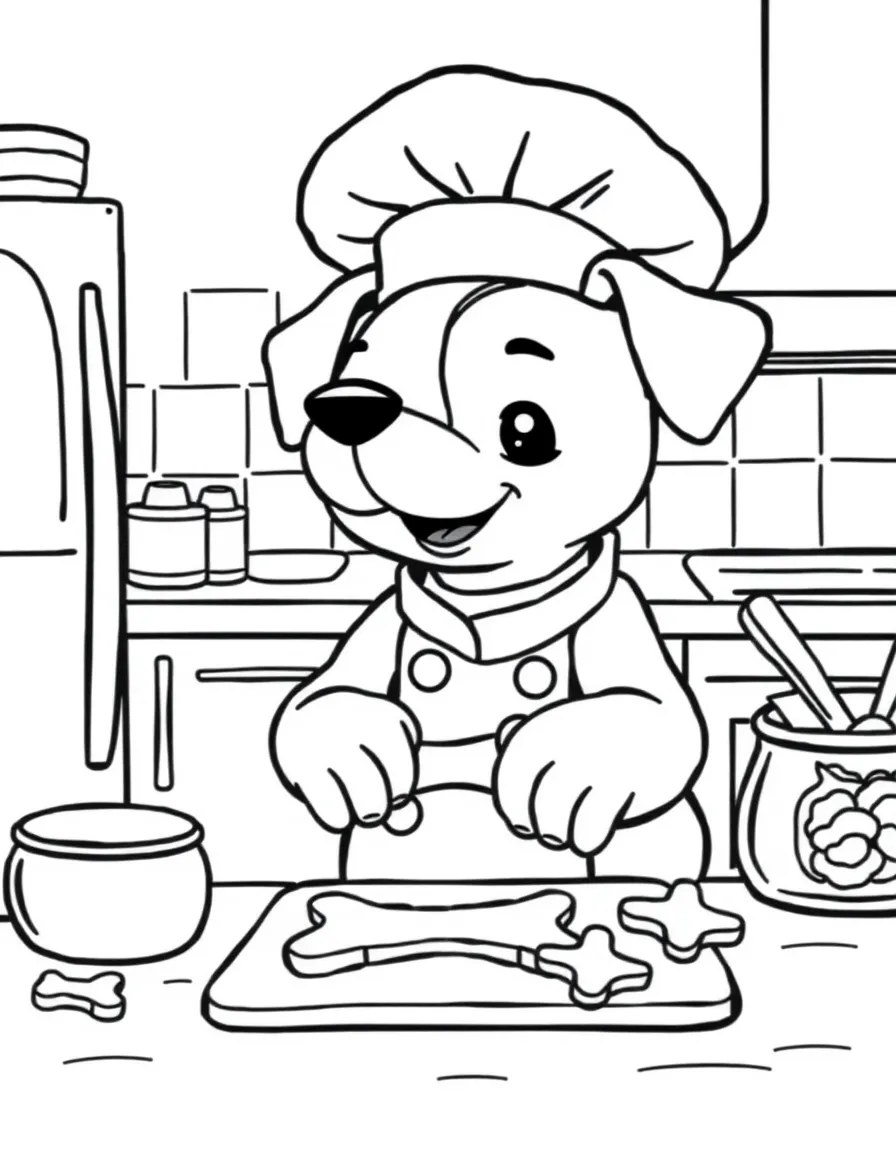 A puppy chef making dog bone cookies in a kitchen