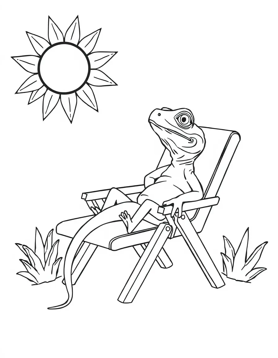 A lizard sunbathing on a tiny lounge chair