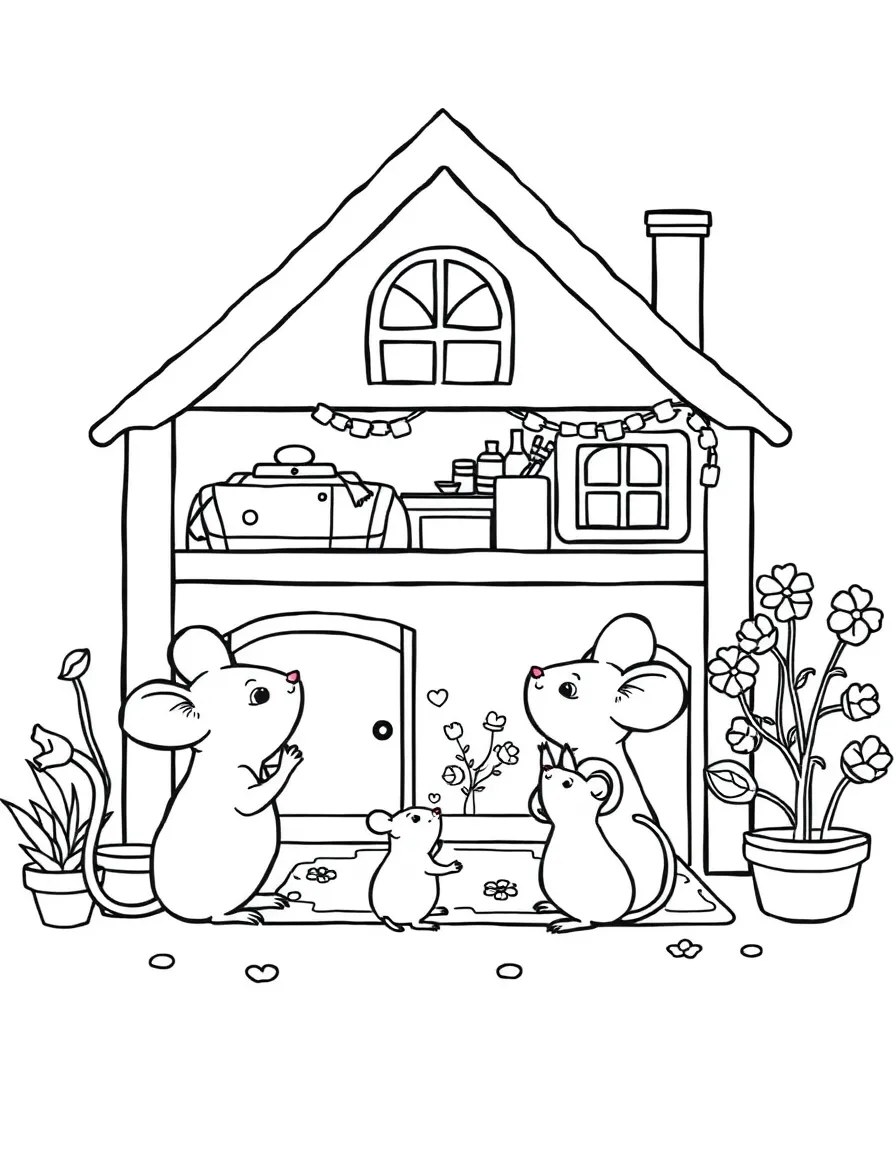 A family of mice decorating a dollhouse