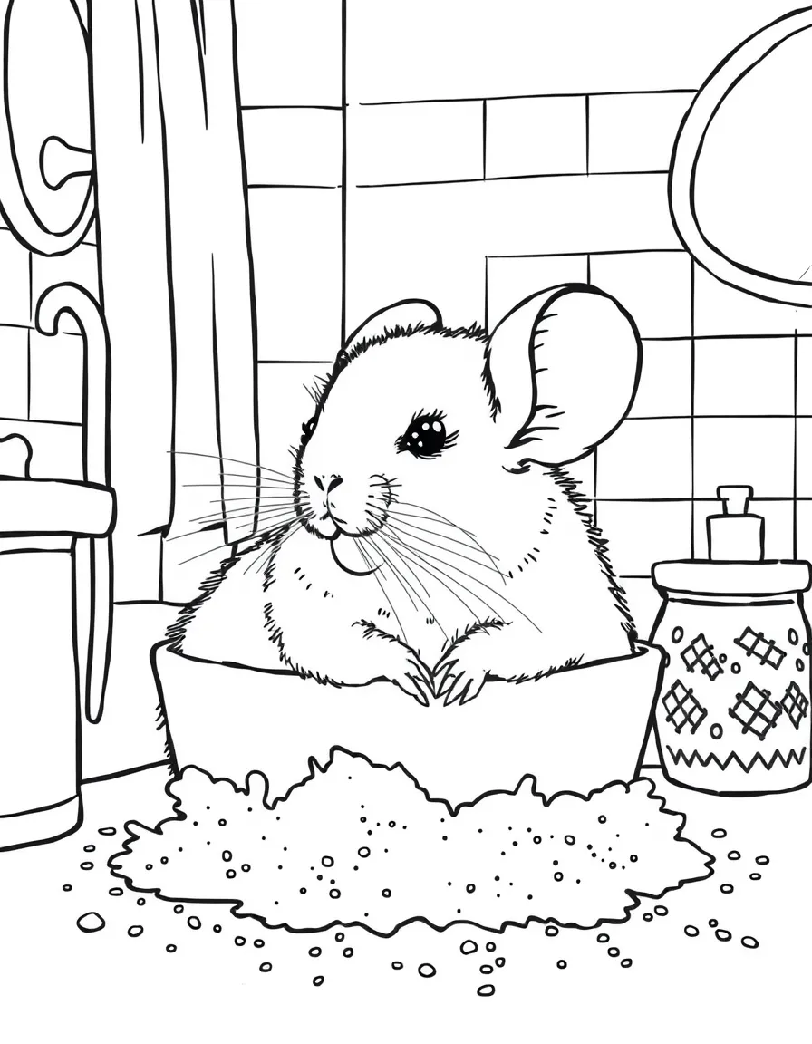 A chinchilla taking a dust bath in a bathroom setting
