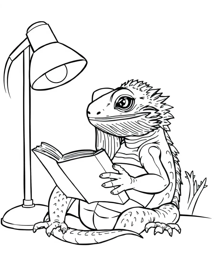 A bearded dragon reading a book under a heat lamp