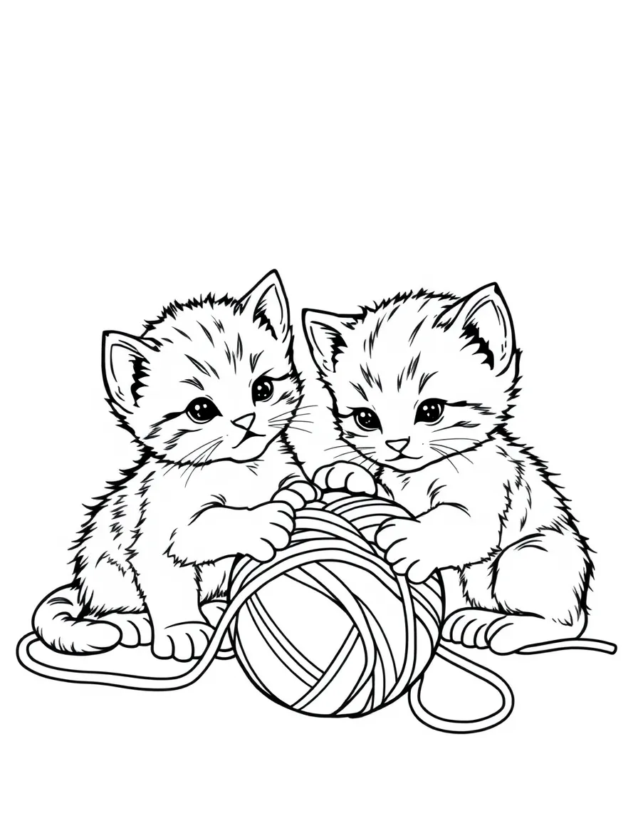 A litter of kittens playing with a ball of yarn