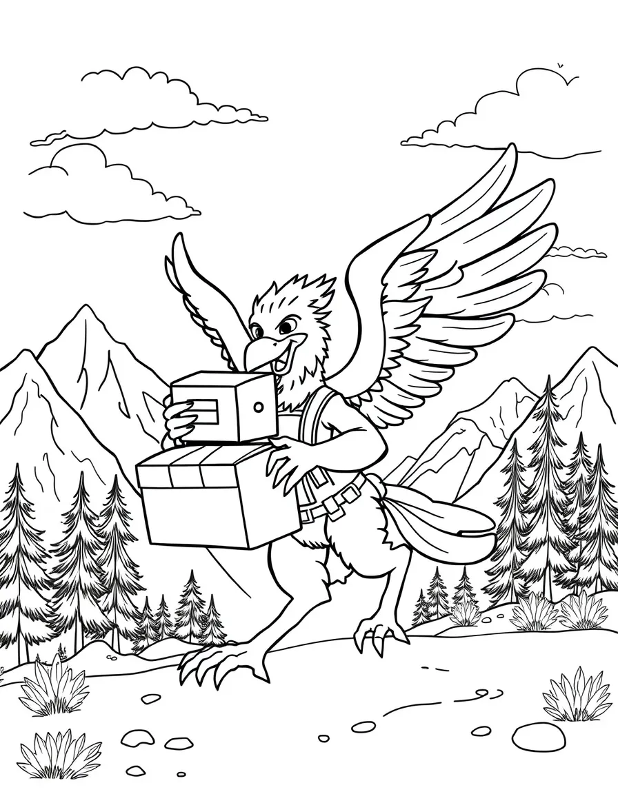 A griffin mail carrier delivering packages between mountains