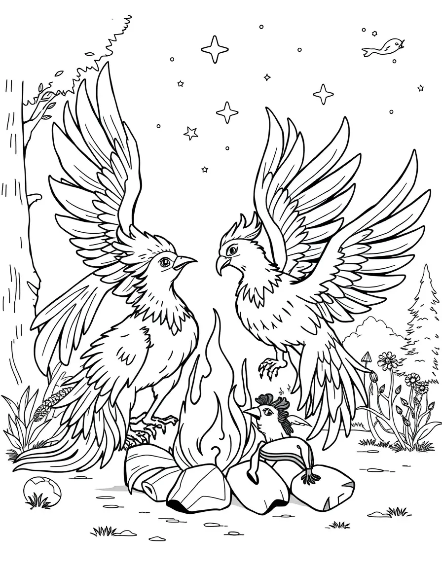 A family of phoenixes having a campfire sing-along