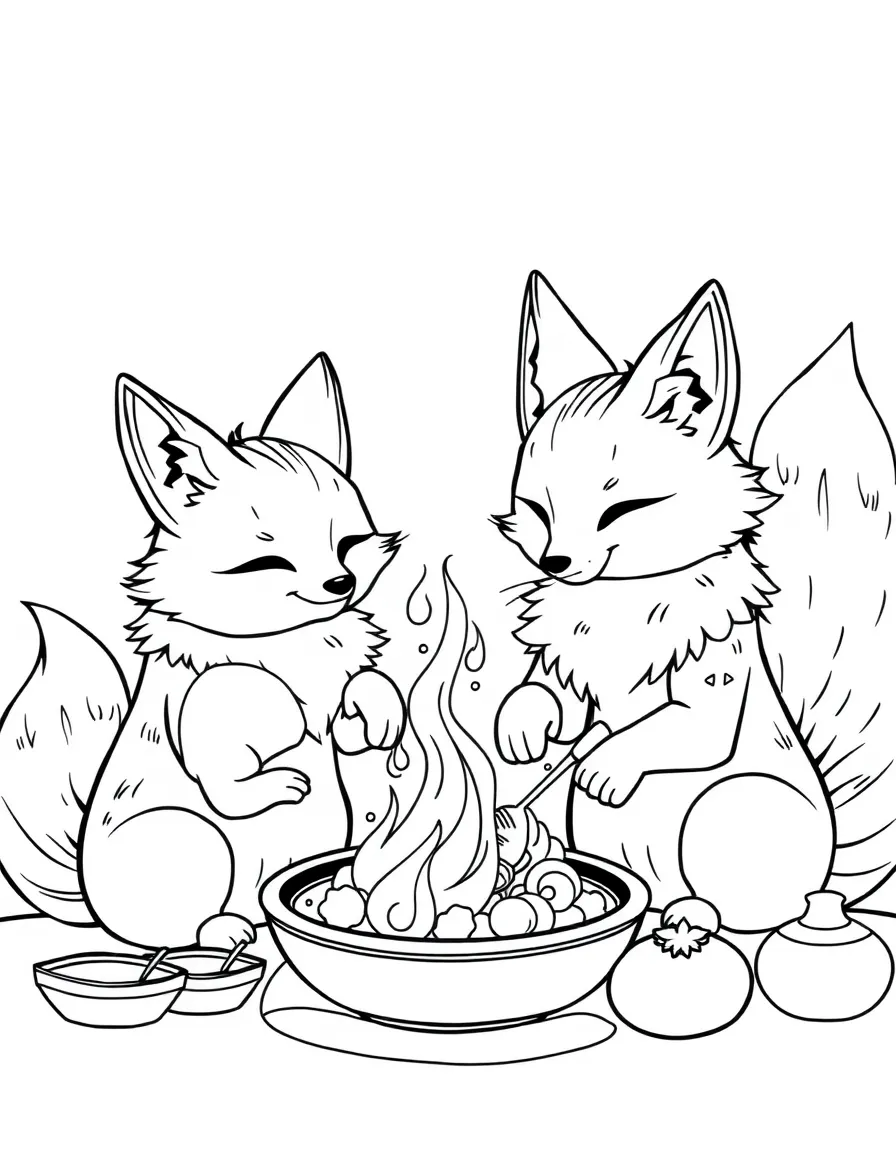 A family of kitsune foxes cooking dinner with magical flames