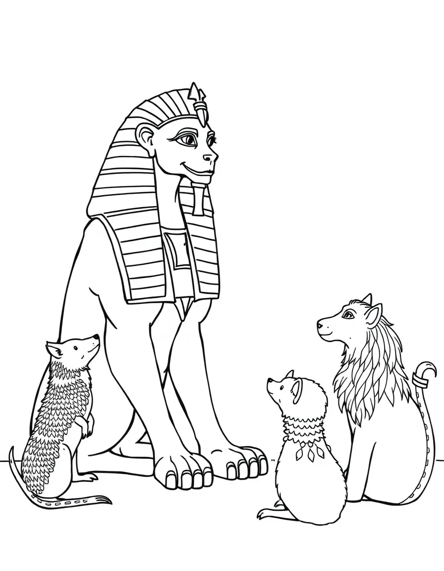 A sphinx teacher posing riddles to student animals