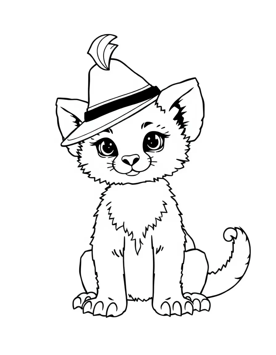 A chimera cub with each head wearing a different hat