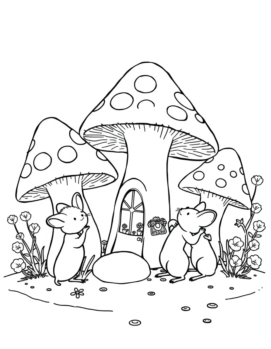 A group of pixie mice decorating mushroom houses