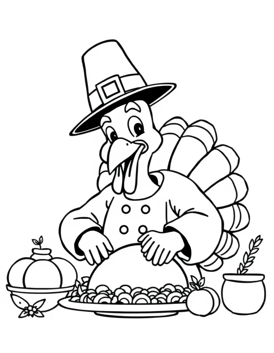 A turkey chef wearing a pilgrim hat preparing Thanksgiving dinner