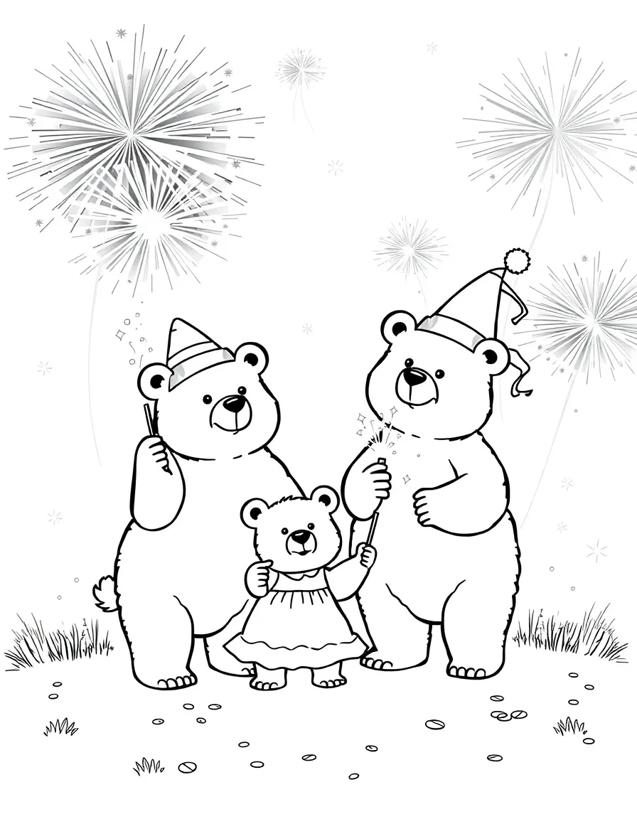 A family of bears setting off New Year's sparklers