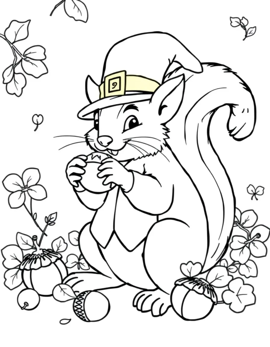 A leprechaun squirrel counting gold acorns on St. Patrick's Day