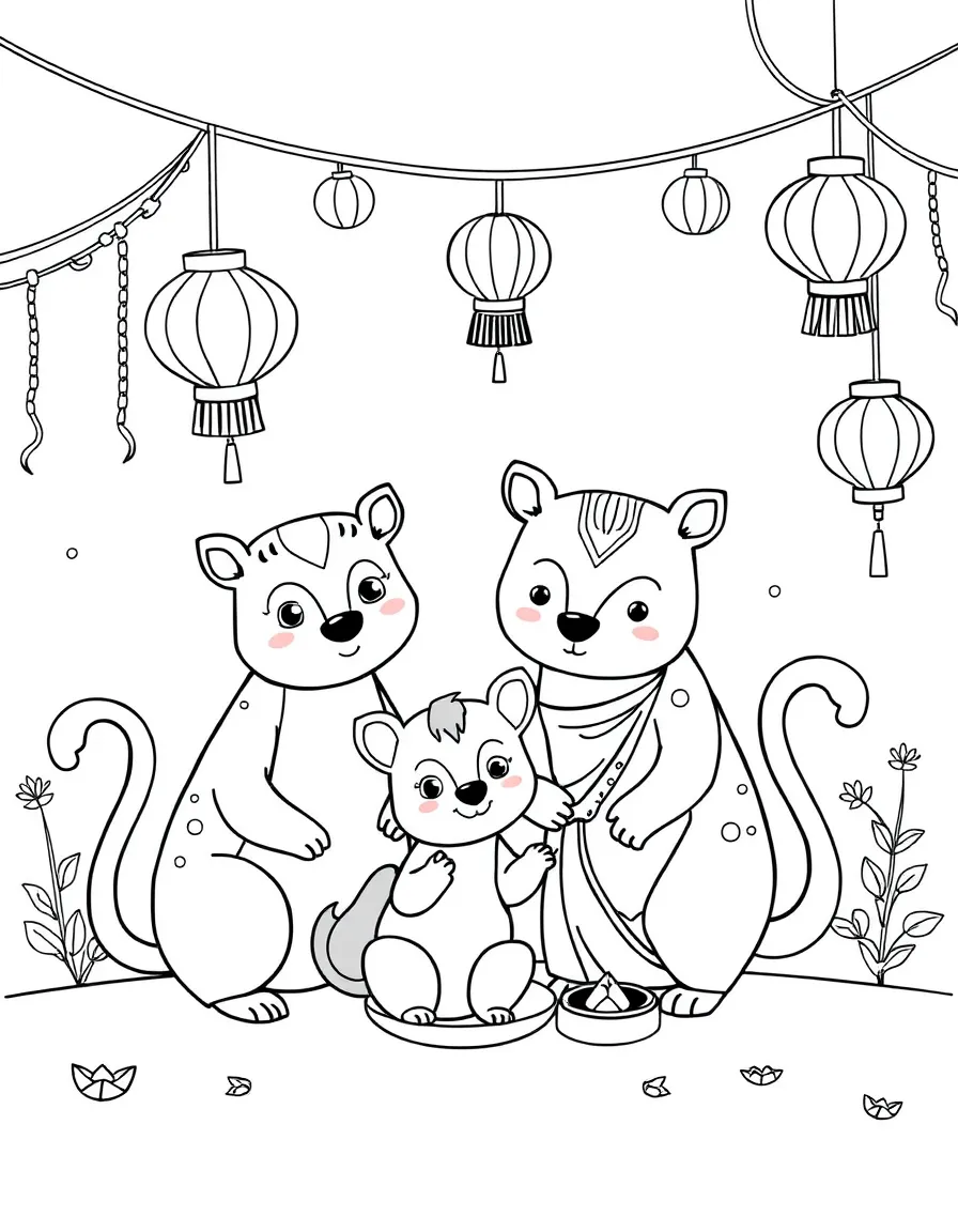 A family of animals celebrating Diwali with paper lanterns