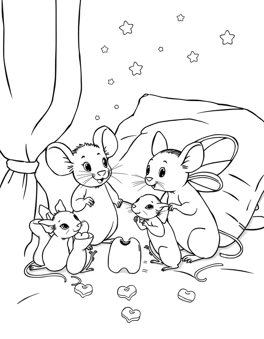 A family of mice leaving teeth under pillows as tooth fairies