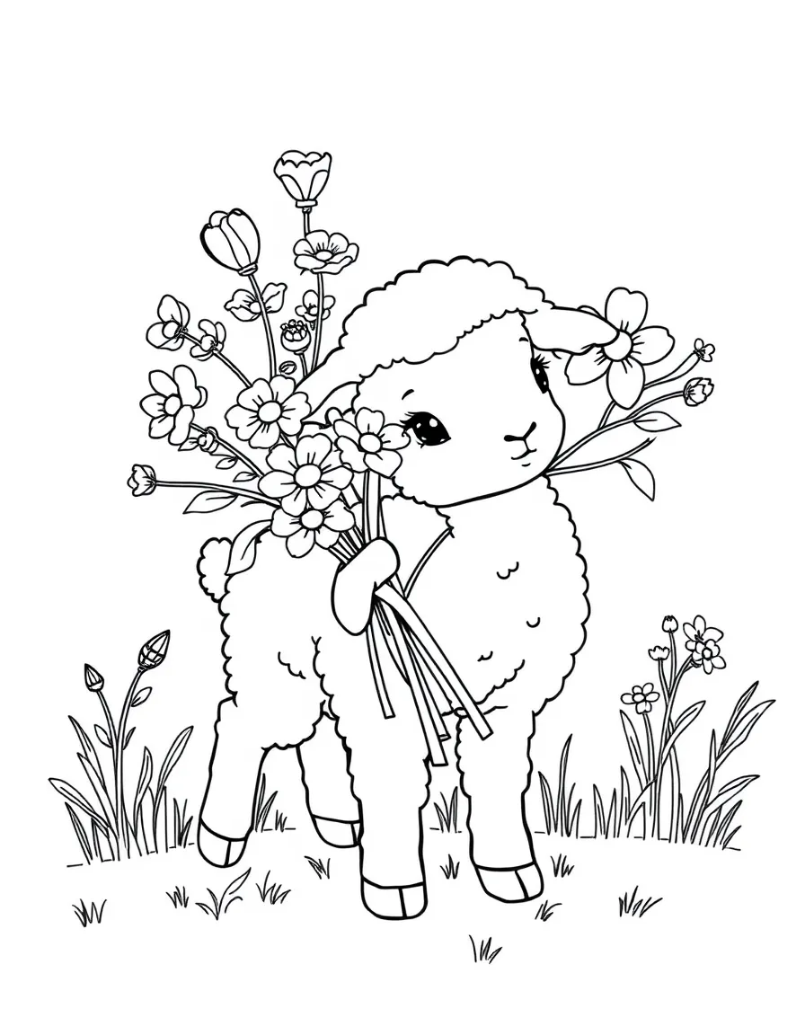 A lamb carrying spring flowers for May Day celebrations