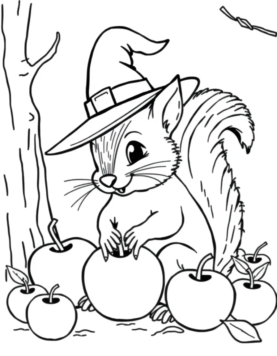 A squirrel wearing a witch hat bobbing for apples