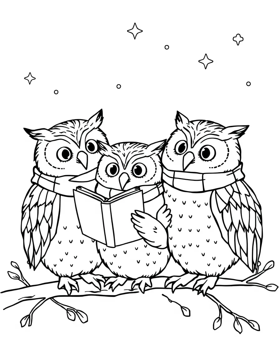 A family of owls caroling with song books and scarves