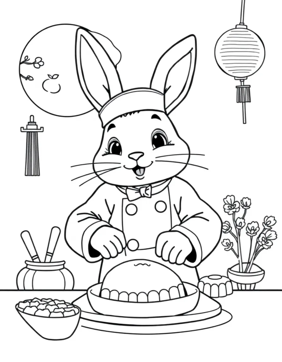 A bunny chef preparing moon cakes for Mid-Autumn Festival