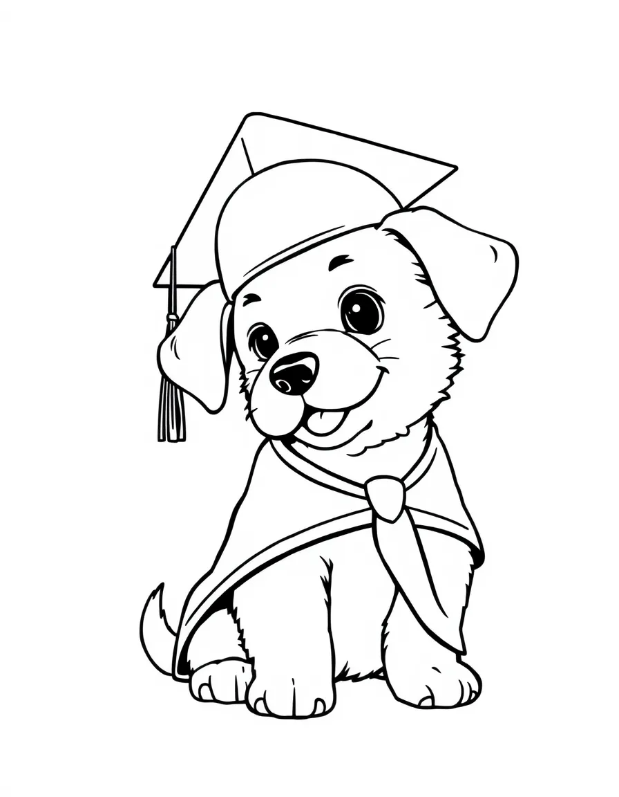 A puppy wearing a graduation cap and gown