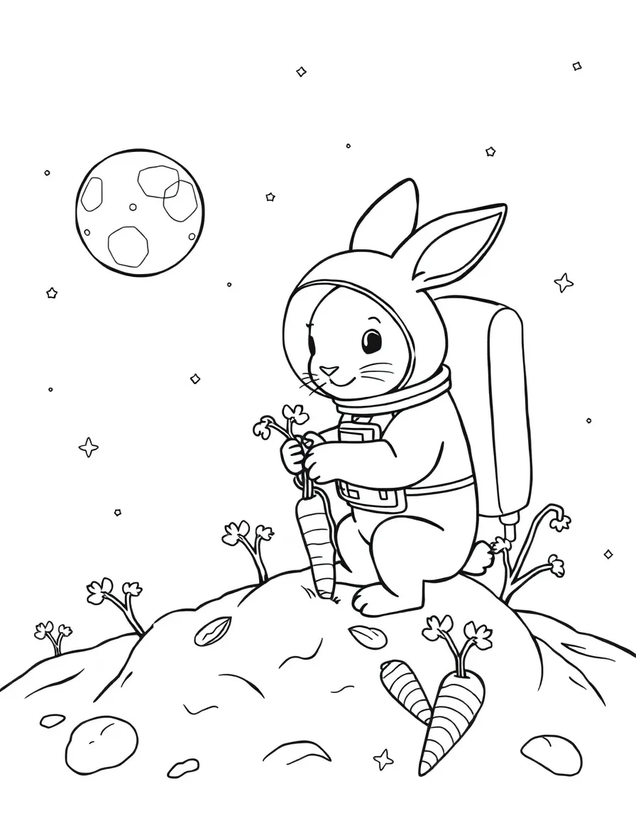 A rabbit astronaut planting carrots on the moon