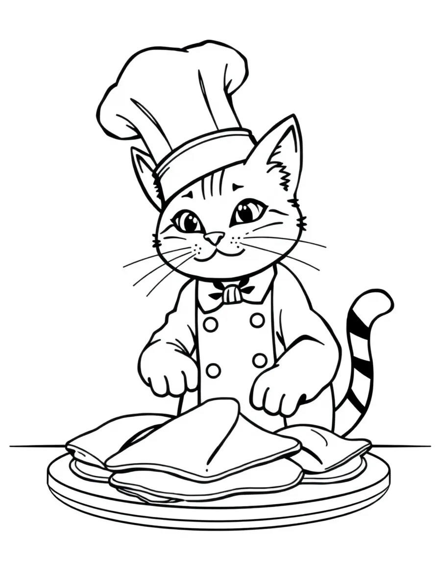 A cat chef in a tall hat making fish-shaped pancakes