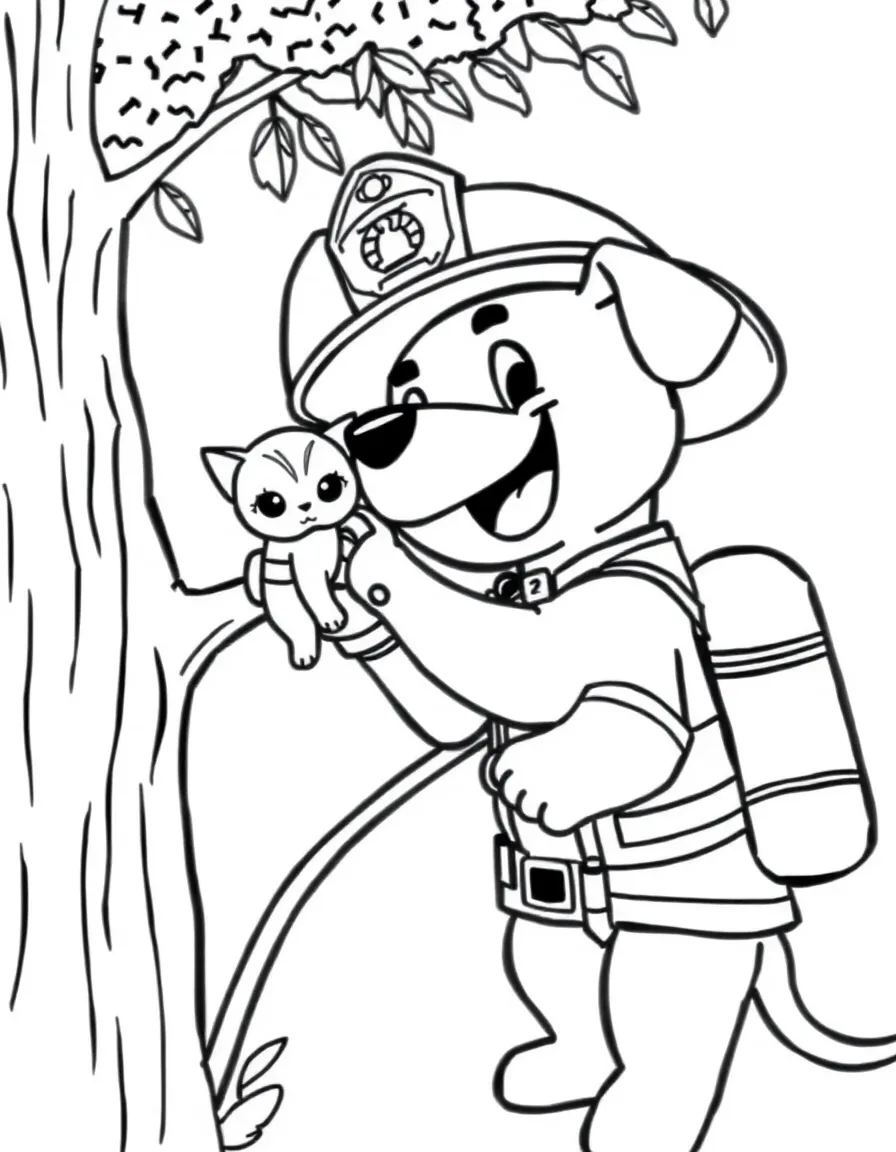 A dog firefighter rescuing a kitten from a tree