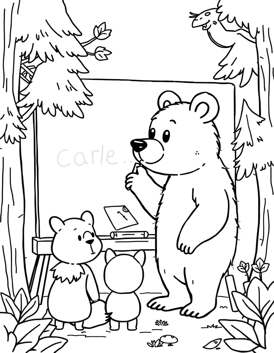 A bear teacher writing on a blackboard for forest students