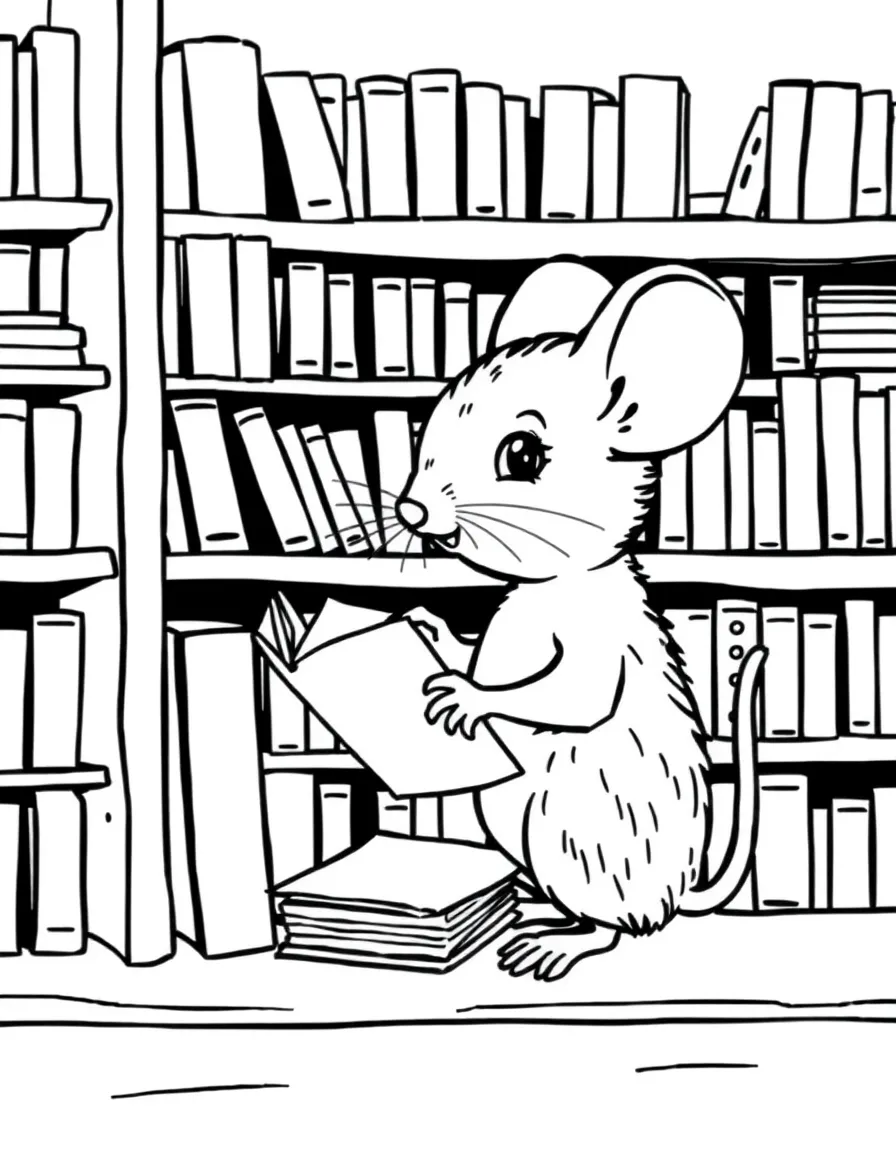 A mouse librarian organizing tiny books on shelves