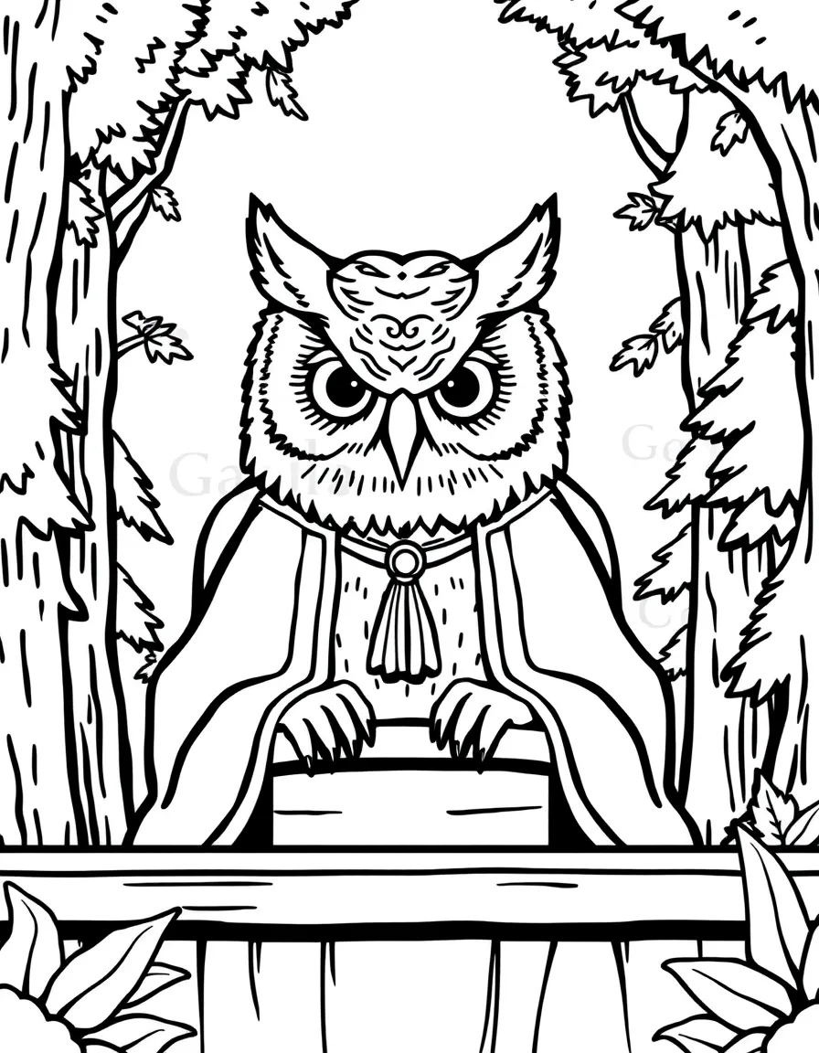 An owl judge in robes presiding over a forest court