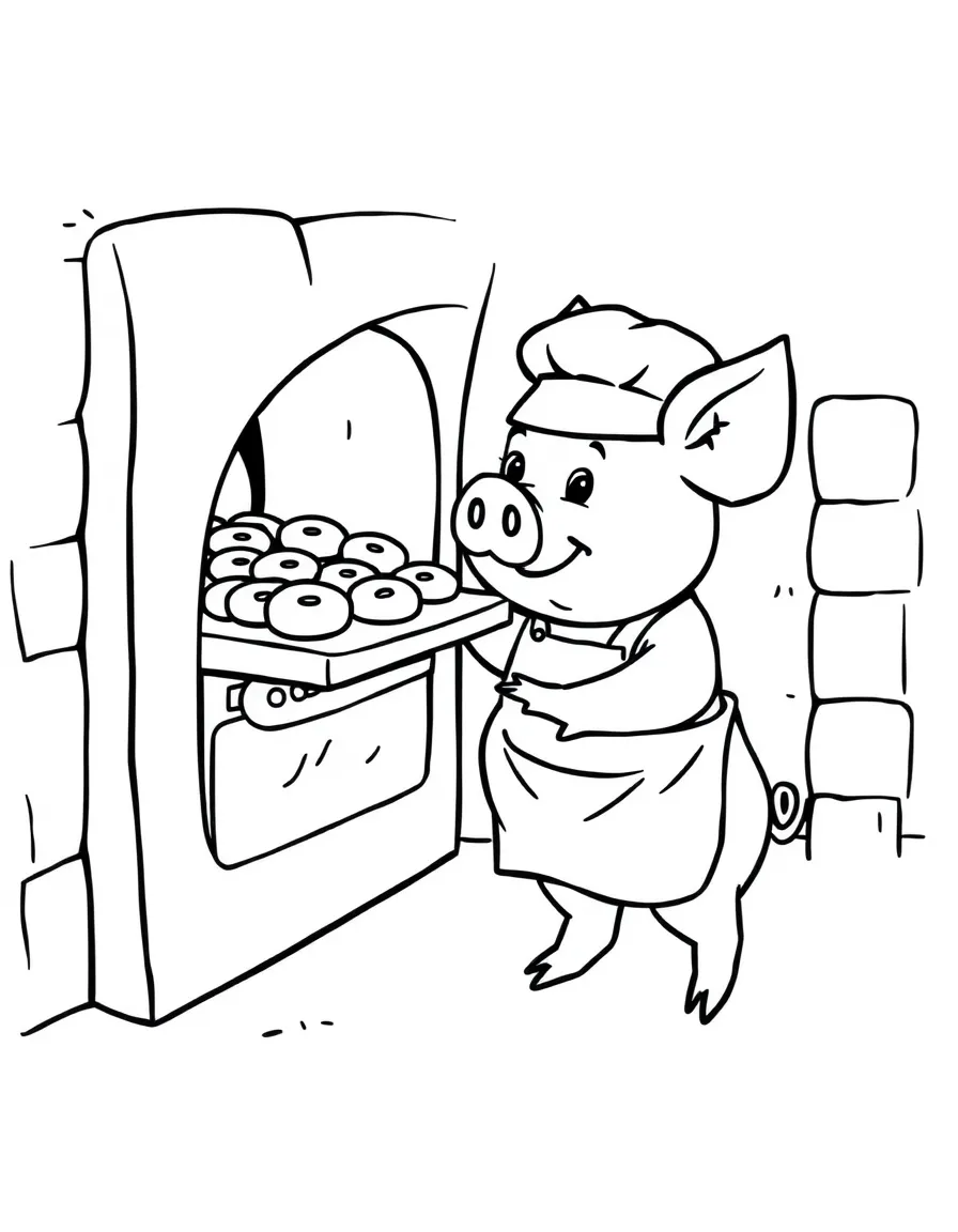 A pig baker pulling fresh cookies from an oven