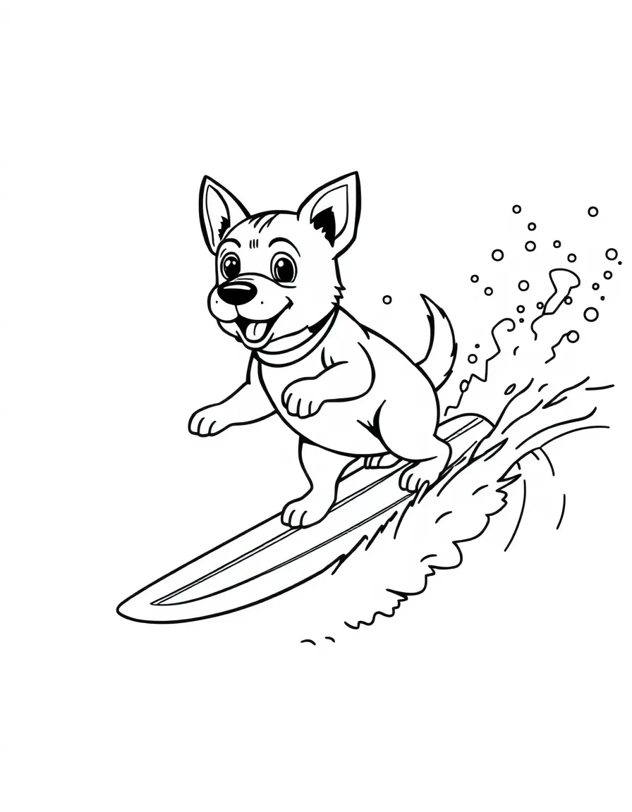 A dog surfer riding a wave on a tiny surfboard