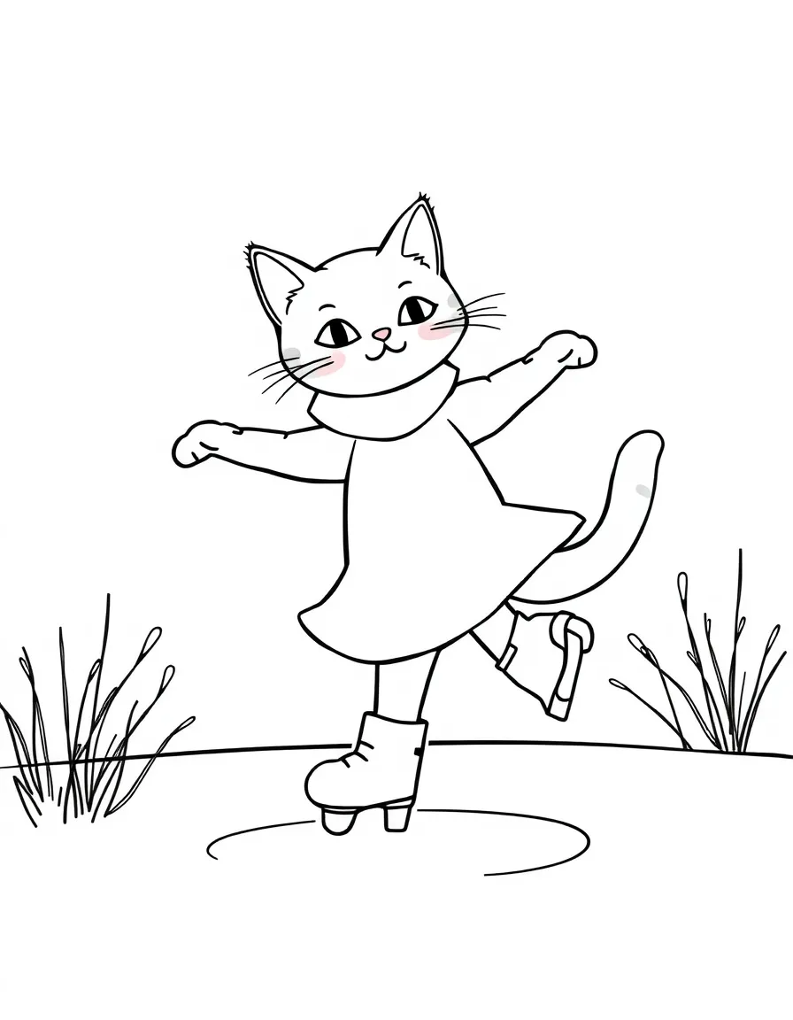 A cat figure skater performing a spin on an ice pond