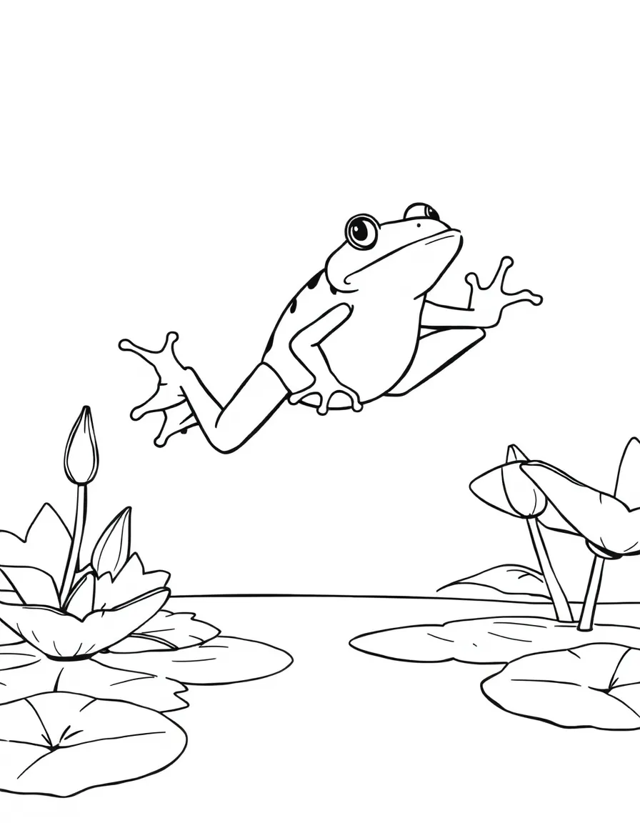 A frog long jumper preparing to leap across lily pads