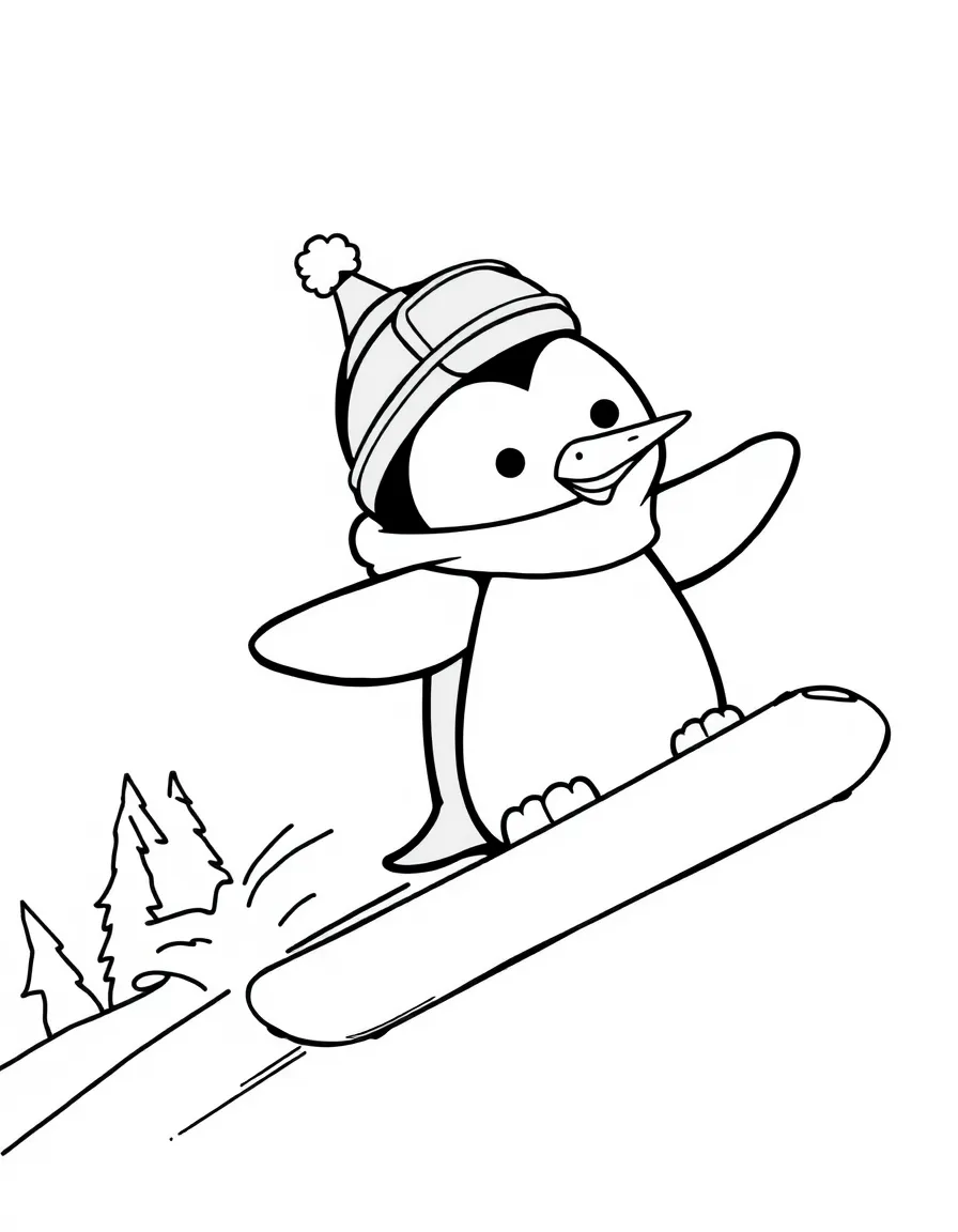 A penguin snowboarder on an icy slope