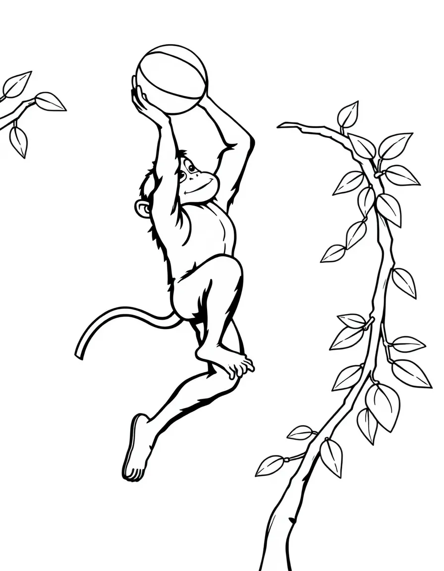 A monkey basketball player dunking on a vine hoop