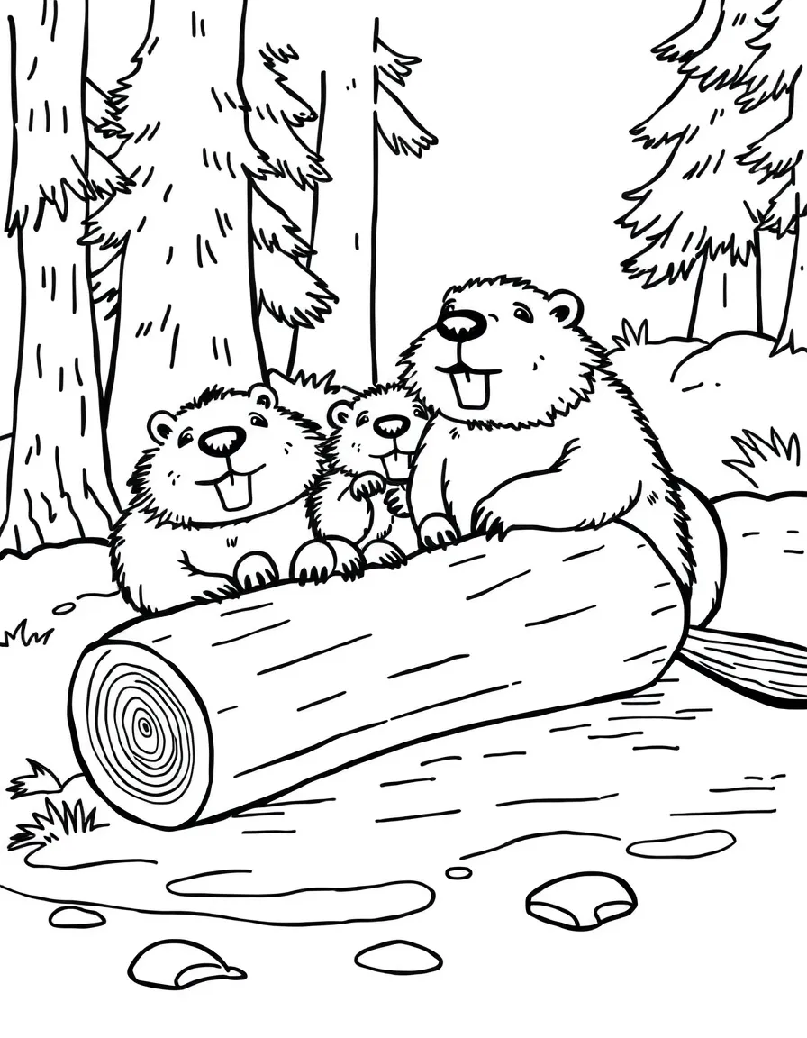 A family of beavers competing in a log rolling contest